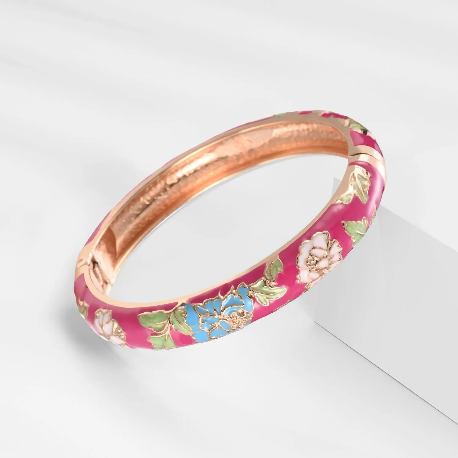 UJOY Vintage Bracelet Gold Plated Enameled Jewelry Spring Hinge Metal Cuff Cloisonne Bangles Set Gift Box Packed 55A
