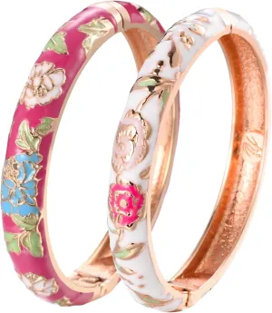 UJOY Vintage Bracelet Gold Plated Enameled Jewelry Spring Hinge Metal Cuff Cloisonne Bangles Set Gift Box Packed 55A