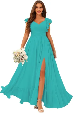 V Neck Chiffon Bridesmaid Dress with Slit A-Line Ruched Formal Party Dress with Sleeves