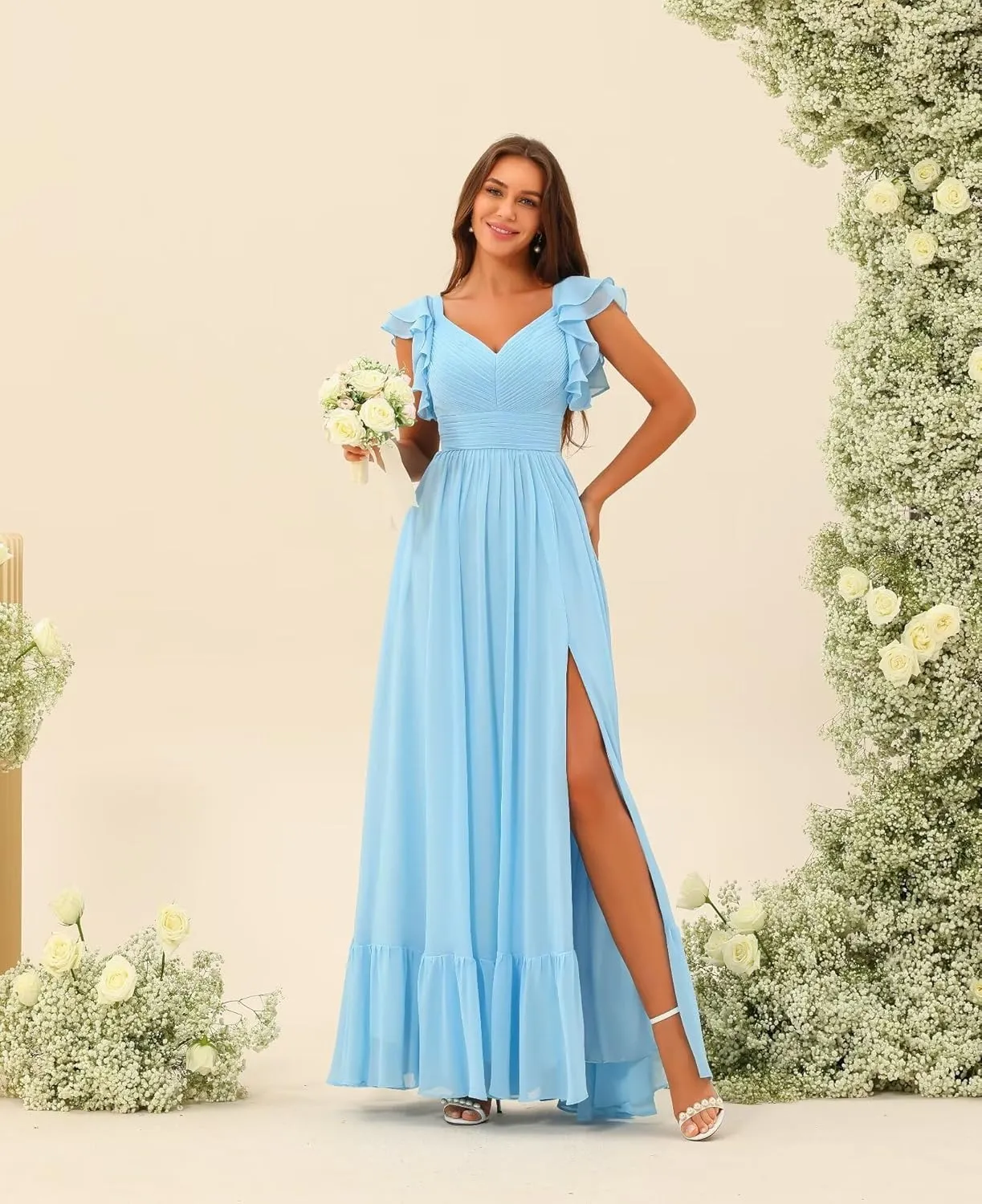 V Neck Chiffon Bridesmaid Dress with Slit A-Line Ruched Formal Party Dress with Sleeves