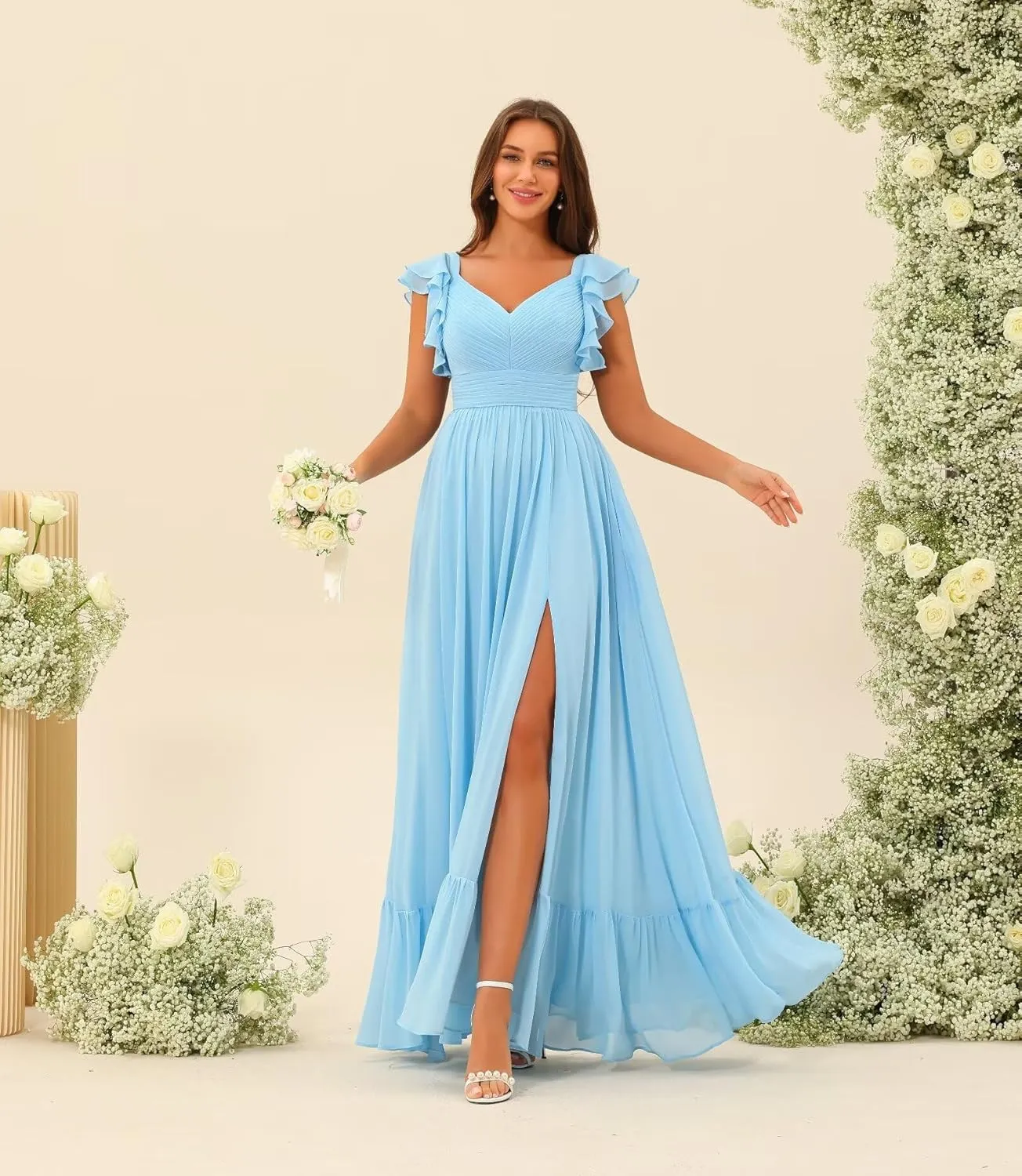 V Neck Chiffon Bridesmaid Dress with Slit A-Line Ruched Formal Party Dress with Sleeves