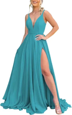 V Neck Chiffon Bridesmaid Dresses for Women High Slit Spaghetti Straps Formal Evening Party Gowns with Pockets