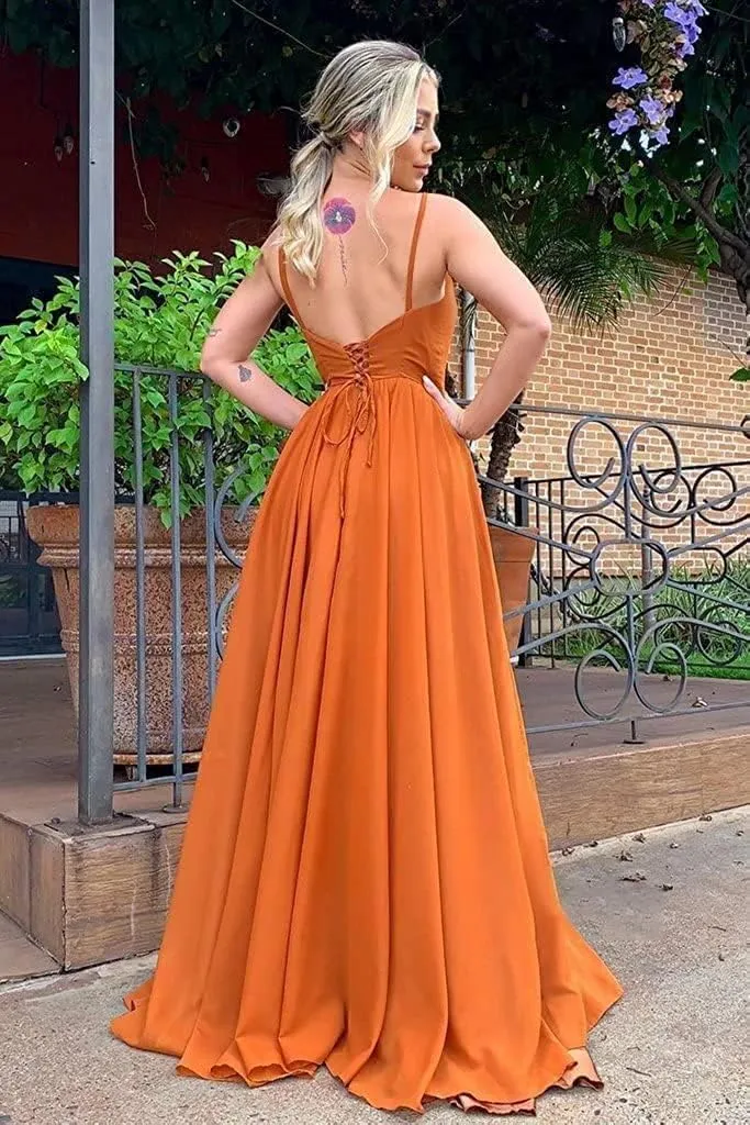 V Neck Chiffon Bridesmaid Dresses for Women High Slit Spaghetti Straps Formal Evening Party Gowns with Pockets