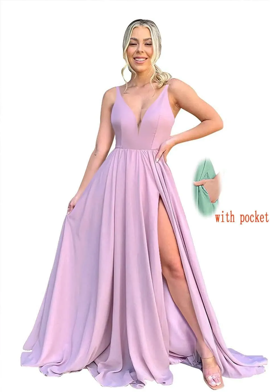V Neck Chiffon Bridesmaid Dresses for Women High Slit Spaghetti Straps Formal Evening Party Gowns with Pockets