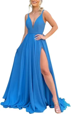 V Neck Chiffon Bridesmaid Dresses for Women High Slit Spaghetti Straps Formal Evening Party Gowns with Pockets