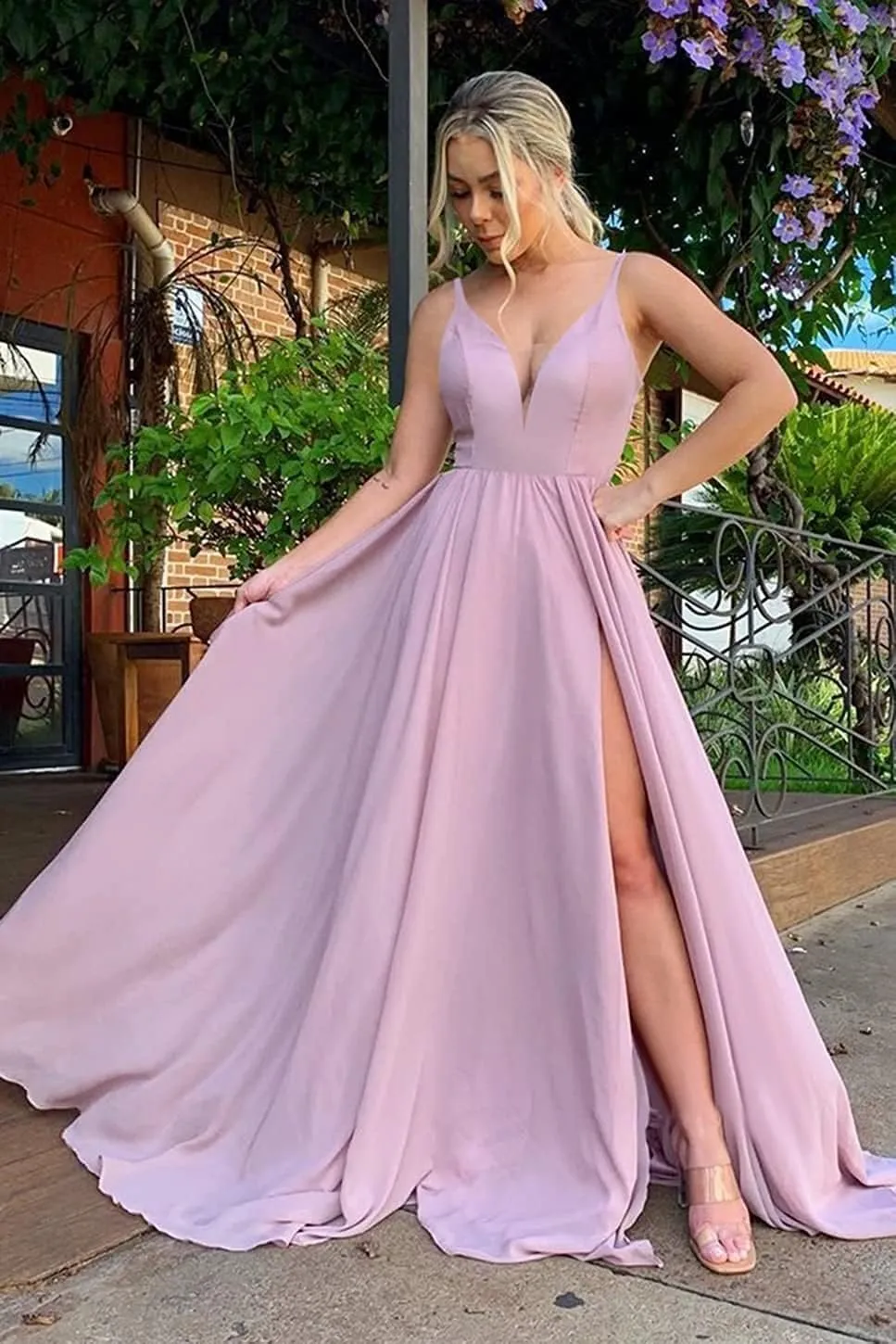 V Neck Chiffon Bridesmaid Dresses for Women High Slit Spaghetti Straps Formal Evening Party Gowns with Pockets