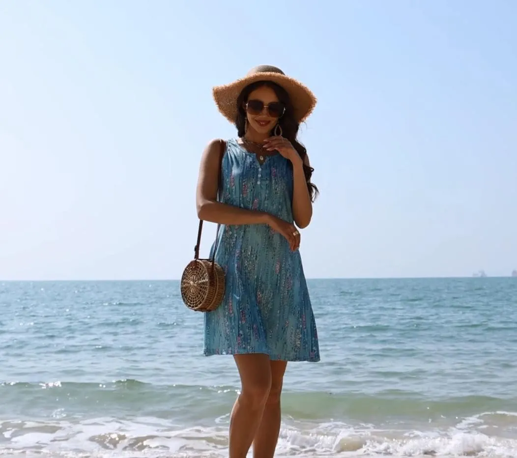 V-Neck Floral Printed Summer A-Line Elegant Dresses Womens Vintage Sleeveless Beach Sundress Ladies Casual Loose Boho Dress