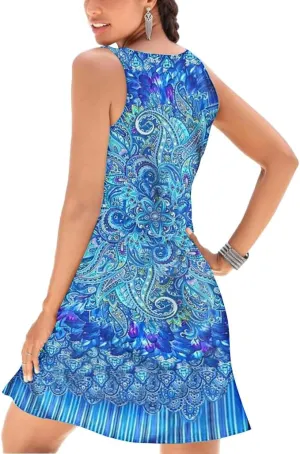 V-Neck Floral Printed Summer A-Line Elegant Dresses Womens Vintage Sleeveless Beach Sundress Ladies Casual Loose Boho Dress