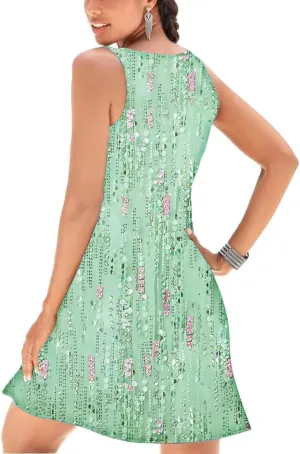 V-Neck Floral Printed Summer A-Line Elegant Dresses Womens Vintage Sleeveless Beach Sundress Ladies Casual Loose Boho Dress