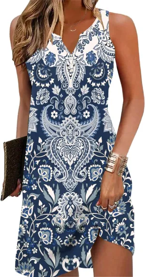 V-Neck Floral Printed Summer A-Line Elegant Dresses Womens Vintage Sleeveless Beach Sundress Ladies Casual Loose Boho Dress
