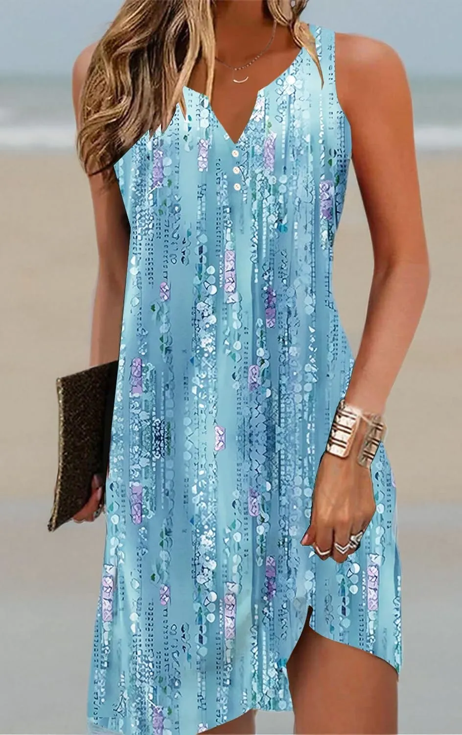 V-Neck Floral Printed Summer A-Line Elegant Dresses Womens Vintage Sleeveless Beach Sundress Ladies Casual Loose Boho Dress