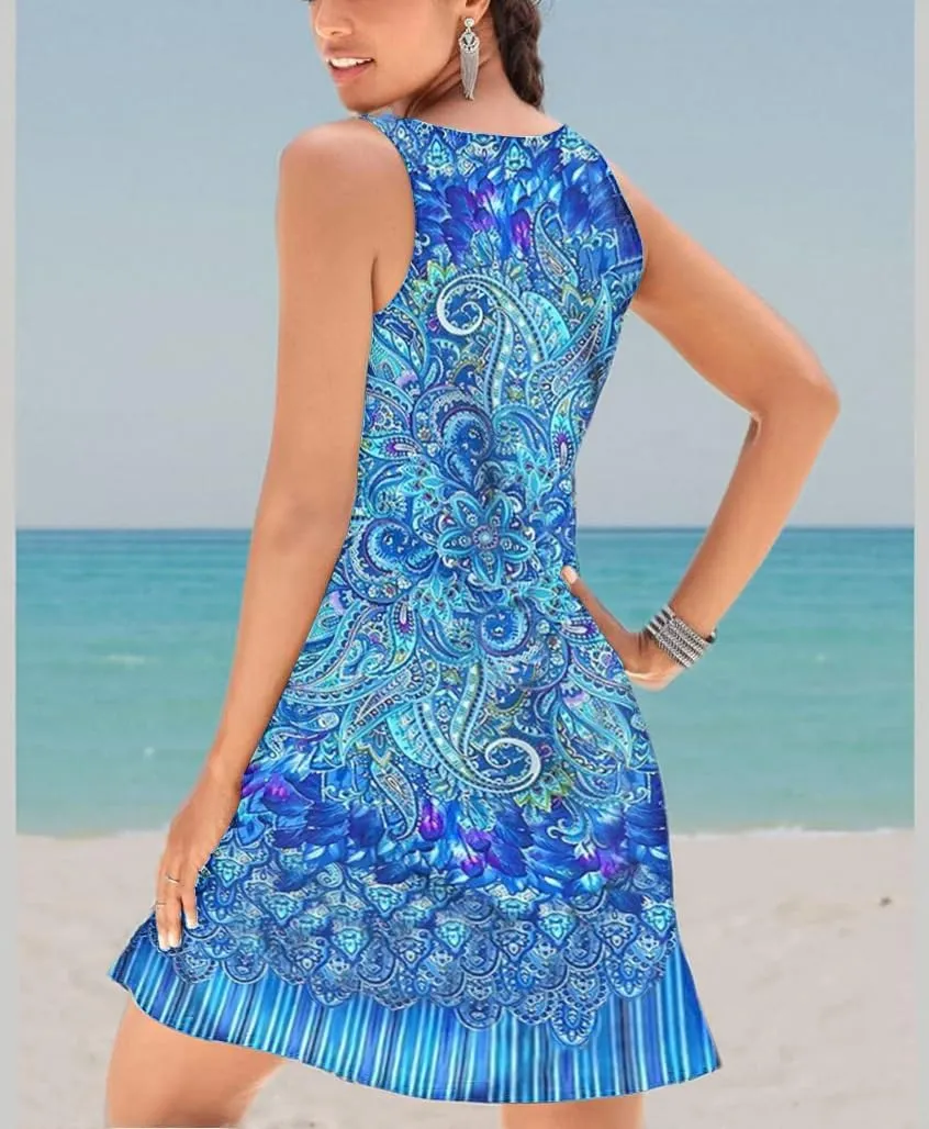 V-Neck Floral Printed Summer A-Line Elegant Dresses Womens Vintage Sleeveless Beach Sundress Ladies Casual Loose Boho Dress