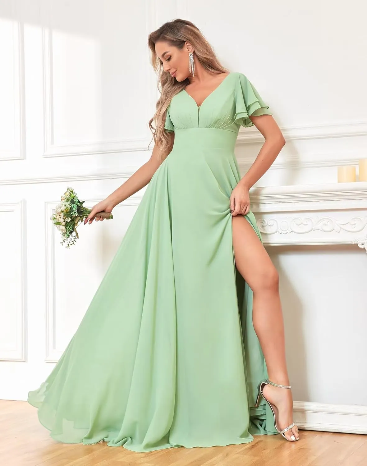 V Neck Flutter Sleeve Bridesmaid Dresses for Wedding Slit Chiffon Pleated Formal Dress with Pockets