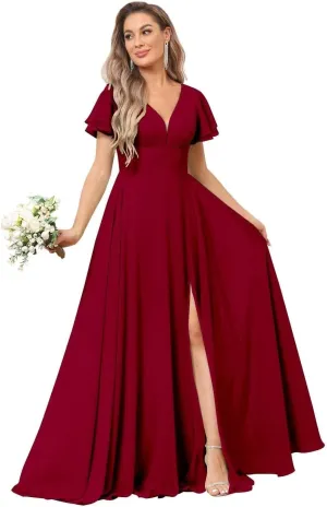 V Neck Flutter Sleeve Bridesmaid Dresses for Wedding Slit Chiffon Pleated Formal Dress with Pockets