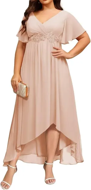 V Neck Mother of The Bride Dress with Sleeves 2025 Chiffon Lace High Low Formal Evening Dresses XDM006