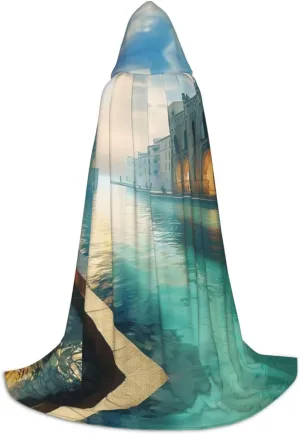 Venice water city Black hooded cloak for men & Women, wizard cloak with, Durable & Comfortable Long cape for Halloween, Cosplay, PartiesMedium