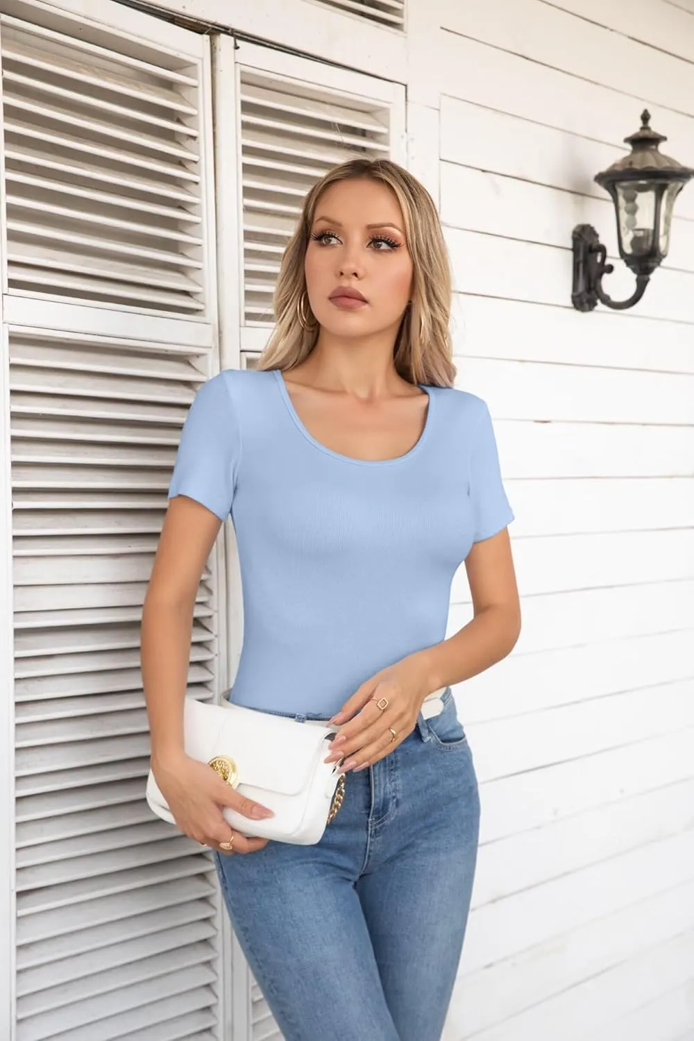 VICHYIE Summer Women's Scoop Neck Short Sleeve Shirts Ribbed Slim Fitted Casual Basic Top Blouses