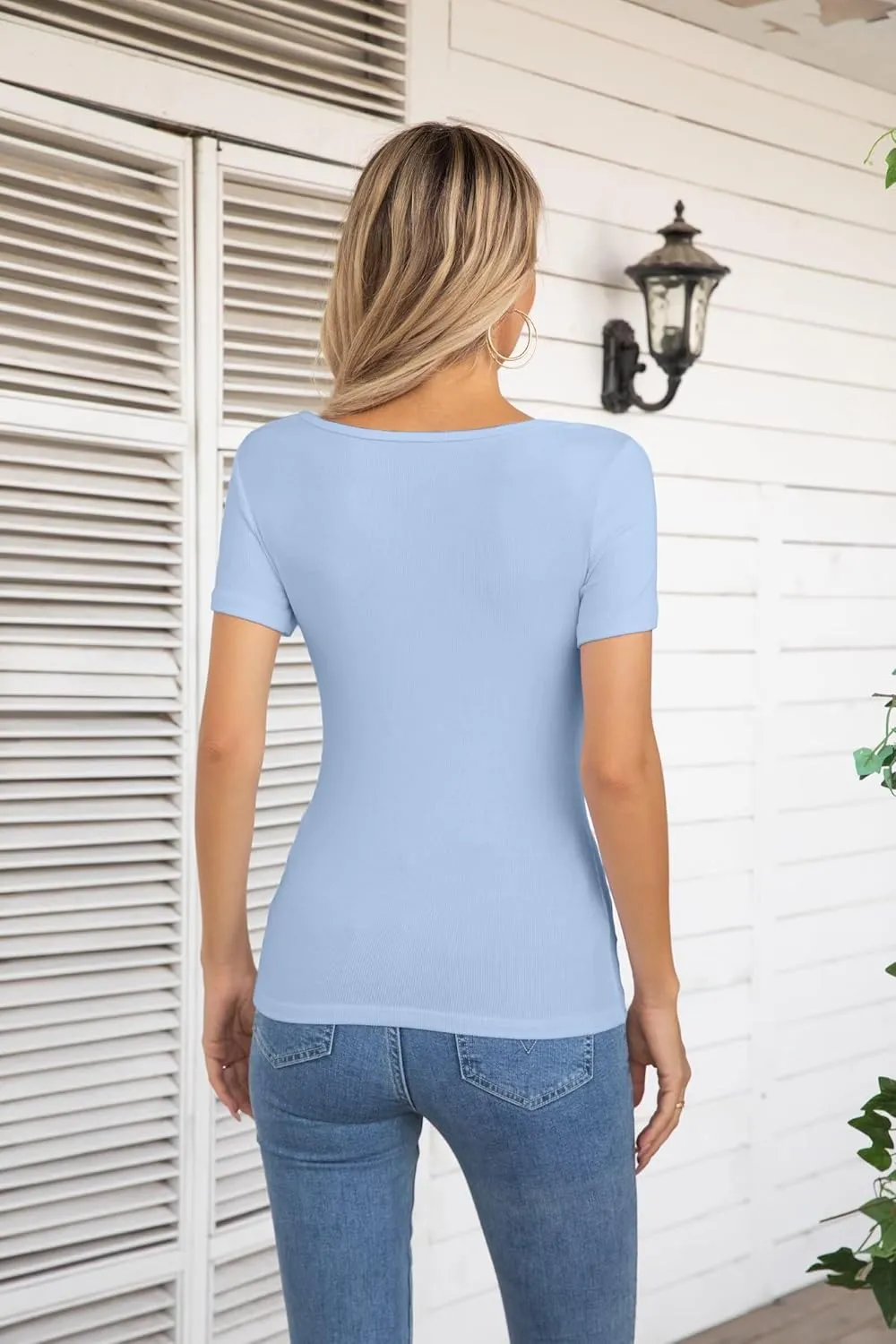 VICHYIE Summer Women's Scoop Neck Short Sleeve Shirts Ribbed Slim Fitted Casual Basic Top Blouses