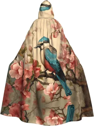 Vintage Bird Flower Prints Hooded Cloak for Halloween, Role-playing, and Costume Parties - Comfortable and Durable
