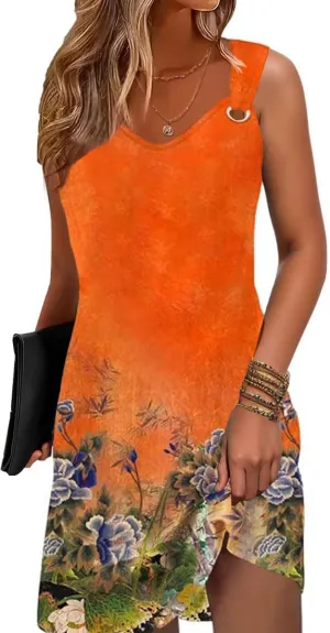 Vintage Floral Printed Summer A-Line Elegant Dresses Womens Beach Sundress Ladies Casual Boho Tank Dress