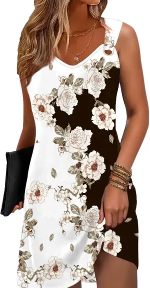 Vintage Floral Printed Summer A-Line Elegant Dresses Womens Beach Sundress Ladies Casual Boho Tank Dress