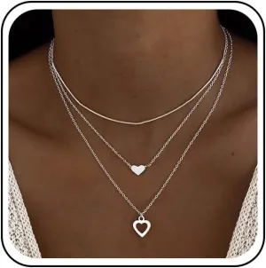 Vintage Layered Heart Choker Necklace Silver Love Heart Pendant Necklace Choker Tiny Hollow Love Necklaces Chain Jewelry for Women