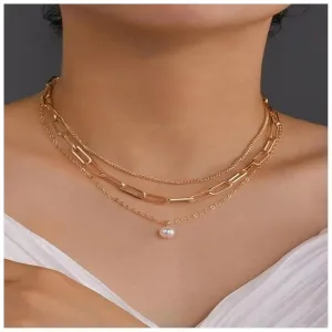 Vintage Layered Pearl Choker Necklace Gold Pearl Pendant Necklace Punk Paperclip Chain Necklace Bohemia Curb Necklaces Chain Jewelry for Women and Girls