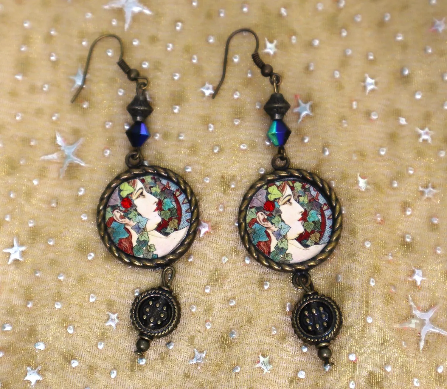 Vintage Style Antiqued Gold Plated Alphonse Mucha Design Dangle Earrings with Crystal Beads Retro Inspired Bohemian Art Nouveau Jewelry for Women Teen Girls