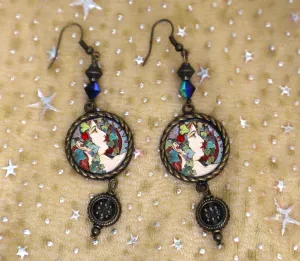 Vintage Style Antiqued Gold Plated Alphonse Mucha Design Dangle Earrings with Crystal Beads Retro Inspired Bohemian Art Nouveau Jewelry for Women Teen Girls