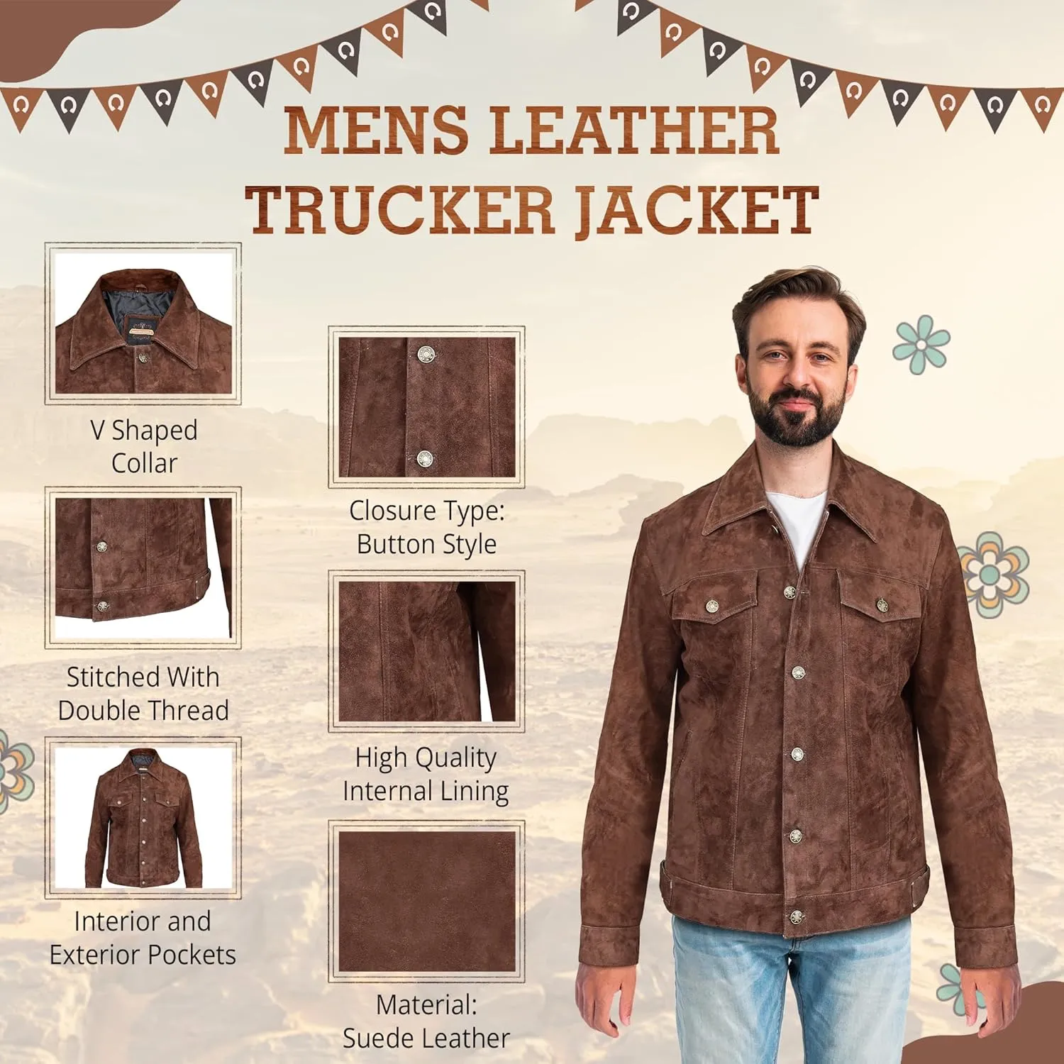 Vintage Trucker Leather Suede Jacket Men - Denim Classic Biker Cafe Racer Western Jacket