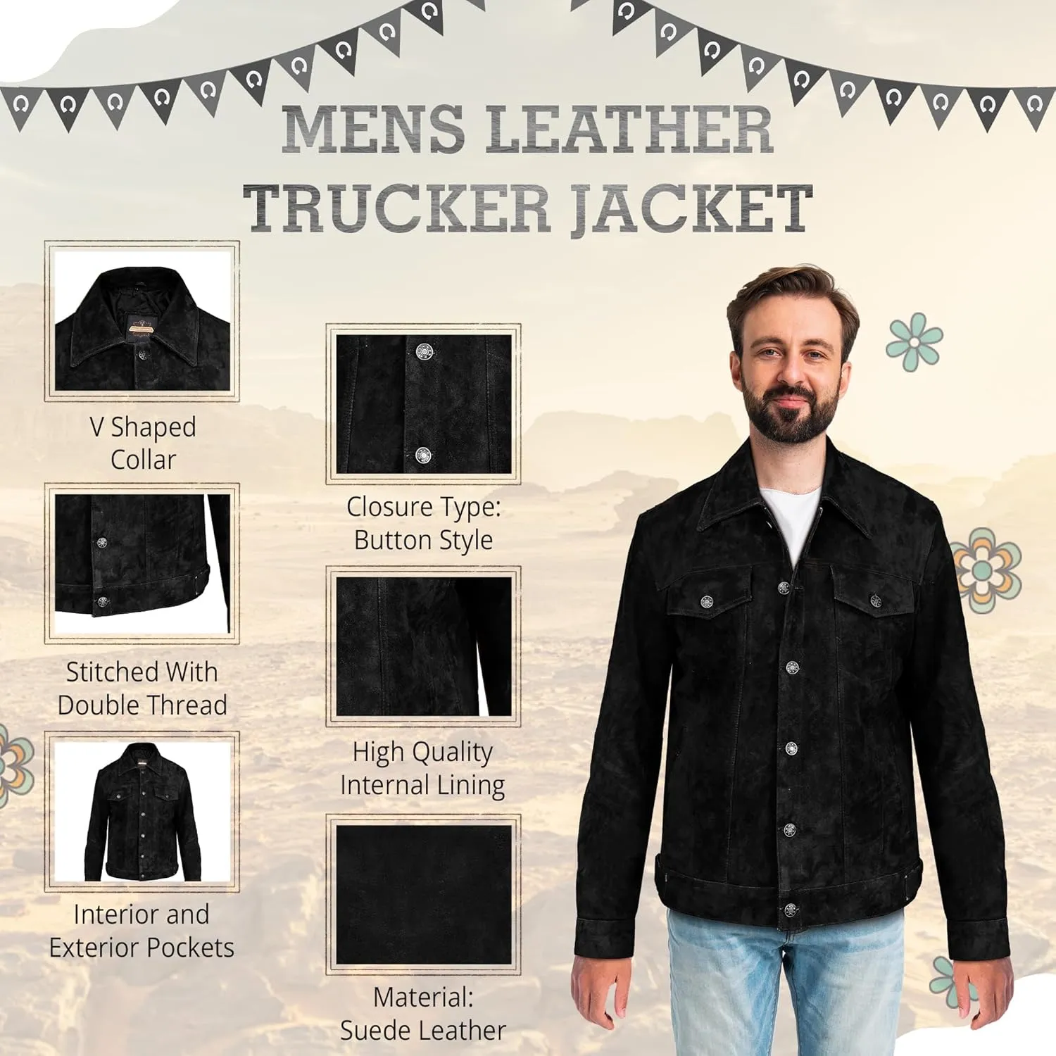 Vintage Trucker Leather Suede Jacket Men - Denim Classic Biker Cafe Racer Western Jacket