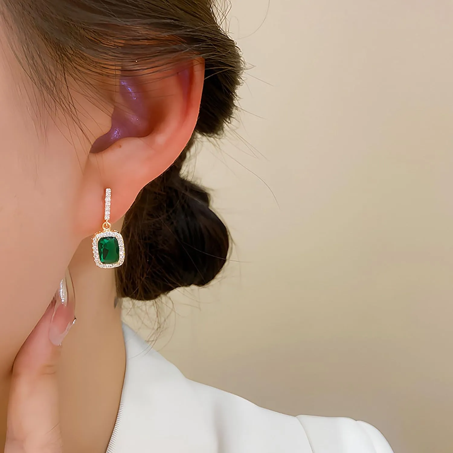W WEILIRIAN Boho Emerald Drop Earrings Square Crystal Earrings Rhinestone Bar Stud Earrings Sparkly Cz Earrings Jewelry for Women and Girls Gifts (Green)