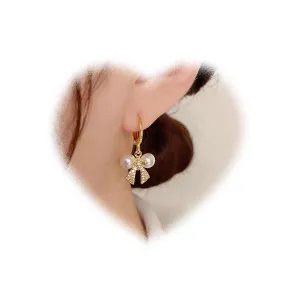 W WEILIRIAN Boho Pearl Bow Earrings Pearl Hoop Earrings Gold Bow Dangle Earrings Crystal Bow Hoop Drop Earrings Jewelry for Women and Girls Gifts