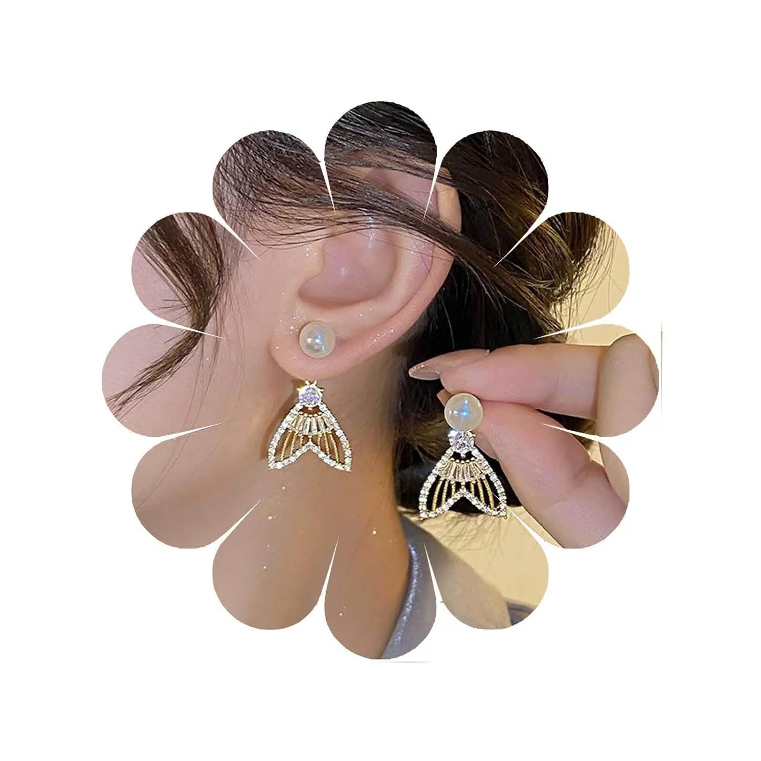 W WEILIRIAN Boho Pearl Jacket Earrings Mermaid Tail Dangle Earrings Crystal Fish Tail Earrings Pearl Stud Earrings Rhinestone Fishtail Drop Earrings Jewelry for Women and Girls Gifts