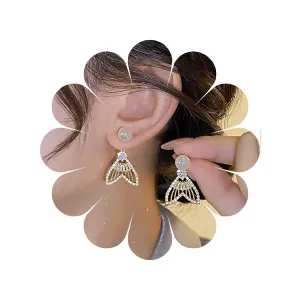W WEILIRIAN Boho Pearl Jacket Earrings Mermaid Tail Dangle Earrings Crystal Fish Tail Earrings Pearl Stud Earrings Rhinestone Fishtail Drop Earrings Jewelry for Women and Girls Gifts
