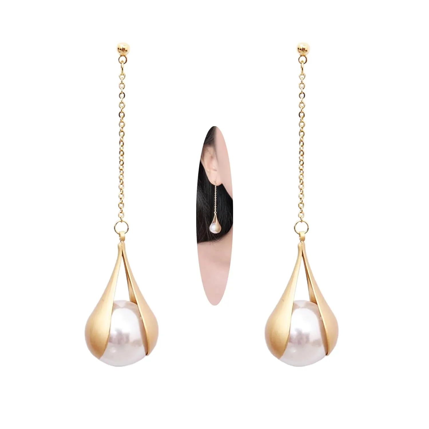 W WEILIRIAN Long Pearl Drop Earrings Vintage Teardrop Earrings Gold Pearl Dangle Earrings Wedding Pearl Chain Earrings Jewelry for Women and Girls Gifts