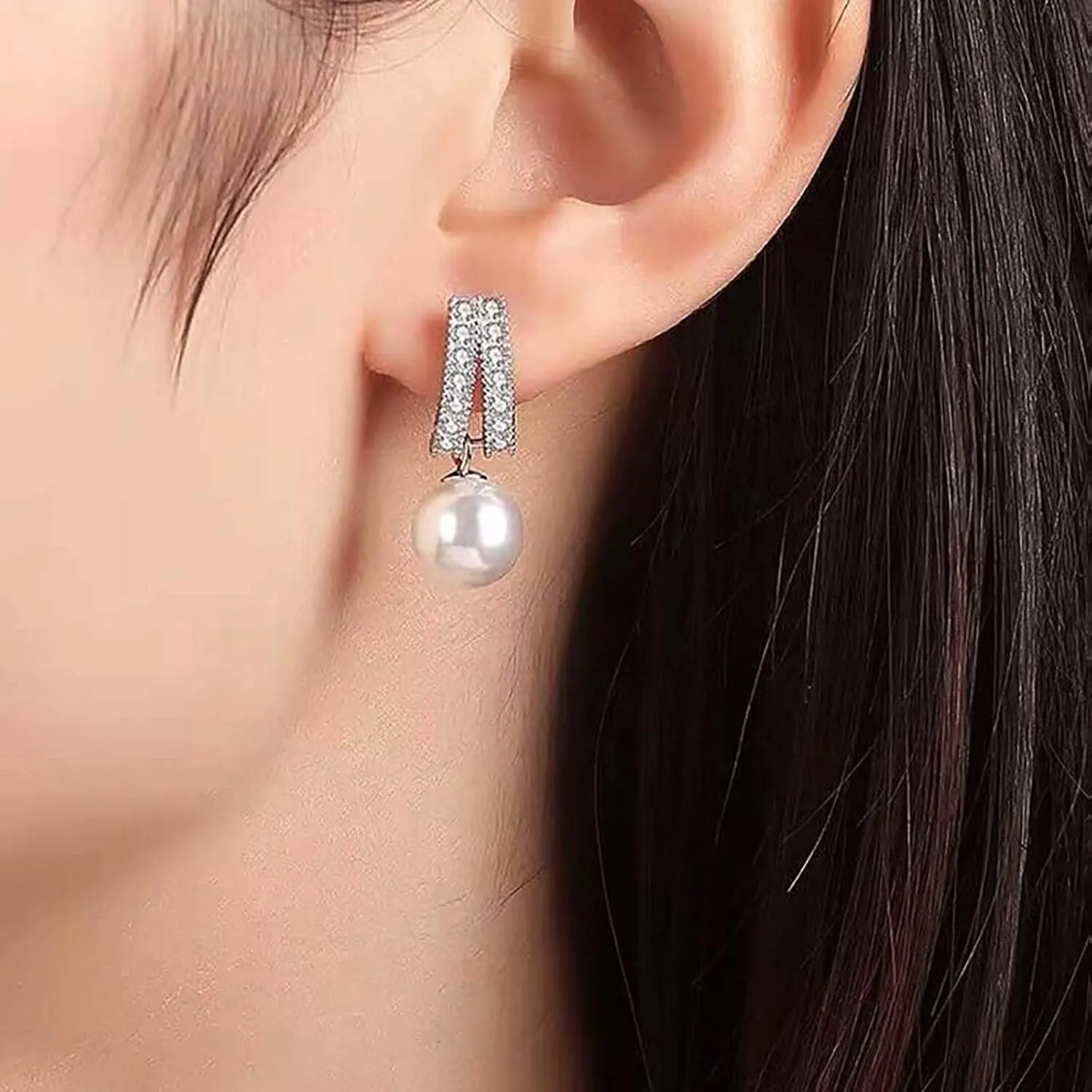 W WEILIRIAN Vintage Pearl Dangle Earrings Pearl Drop Earrings Crystal Bar Stud Earrings Silver Pearl Bead Earrings Pearl Wedding Earrings Jewelry for Women and Girls (Silver)