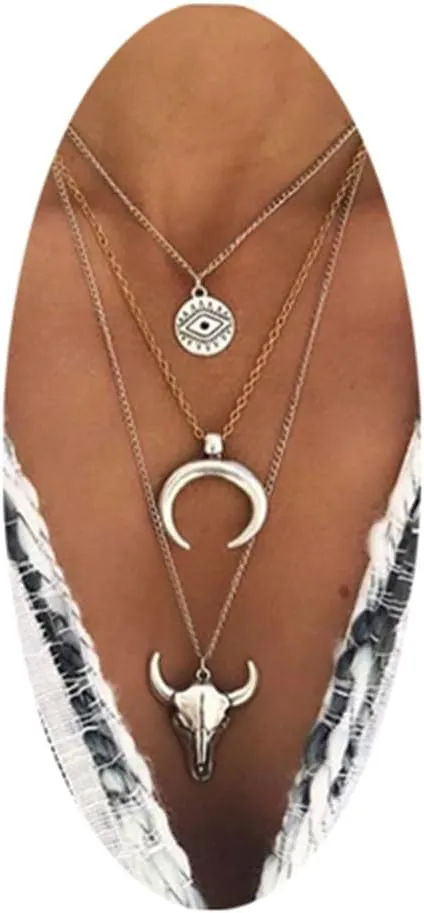 WCRAZYE Boho Layered Necklace Western Necklaces for Women Boot Bull Head Necklace Silver Cresent Moon Pendant Necklace Western Jewellery