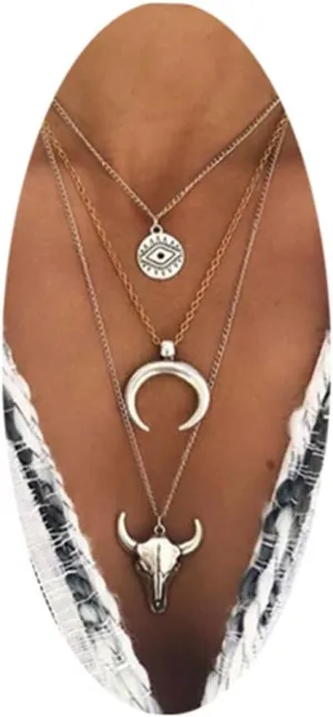 WCRAZYE Boho Layered Necklace Western Necklaces for Women Boot Bull Head Necklace Silver Cresent Moon Pendant Necklace Western Jewellery