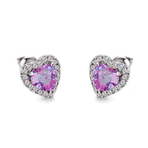 WCRAZYE Heart Stud Earrings for Women Girls Brilliant Handmade Faux Diamond Red Pink Love Heart Halo Earrings Premium Cubic Zirconia Post Earrings Valentine's Day Jewelry Gifts (Purple)