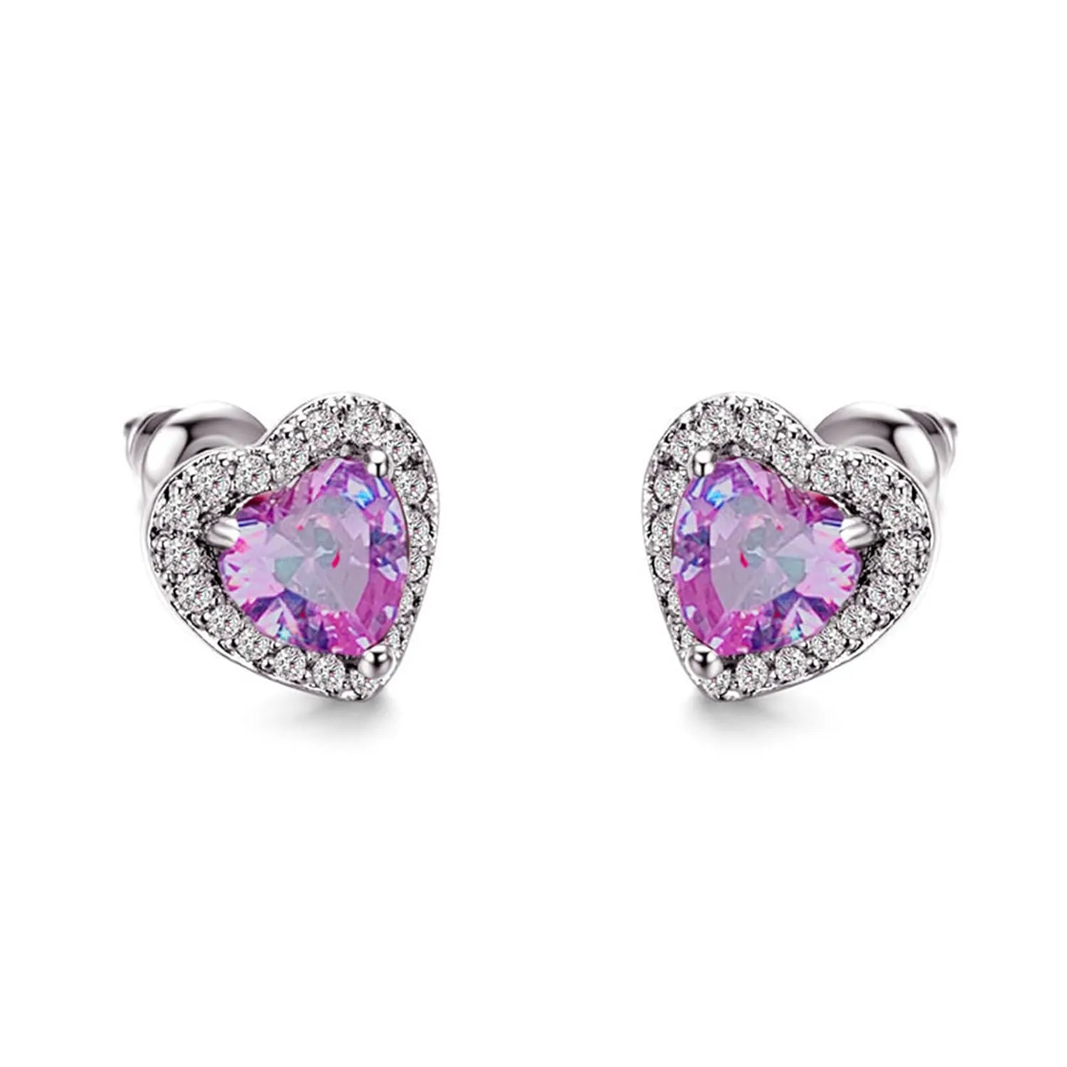WCRAZYE Heart Stud Earrings for Women Girls Brilliant Handmade Faux Diamond Red Pink Love Heart Halo Earrings Premium Cubic Zirconia Post Earrings Valentine's Day Jewelry Gifts (Purple)