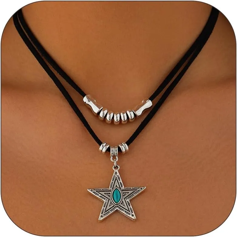 Western Necklaces for Women Layered Leather Choker Dainty Horshoe Boots Hat Star Cactus Charms with Turquoise Jewelry for Cowgirl Cowboy Country Concert Outfit