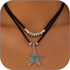 Western Necklaces for Women Layered Leather Choker Dainty Horshoe Boots Hat Star Cactus Charms with Turquoise Jewelry for Cowgirl Cowboy Country Concert Outfit