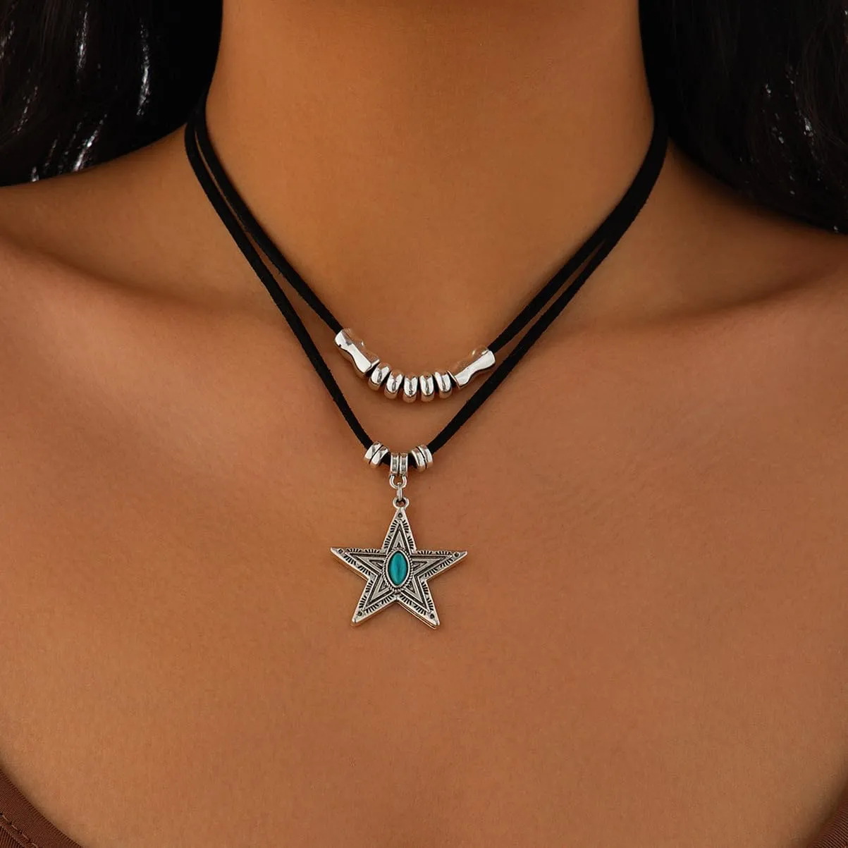 Western Necklaces for Women Layered Leather Choker Dainty Horshoe Boots Hat Star Cactus Charms with Turquoise Jewelry for Cowgirl Cowboy Country Concert Outfit