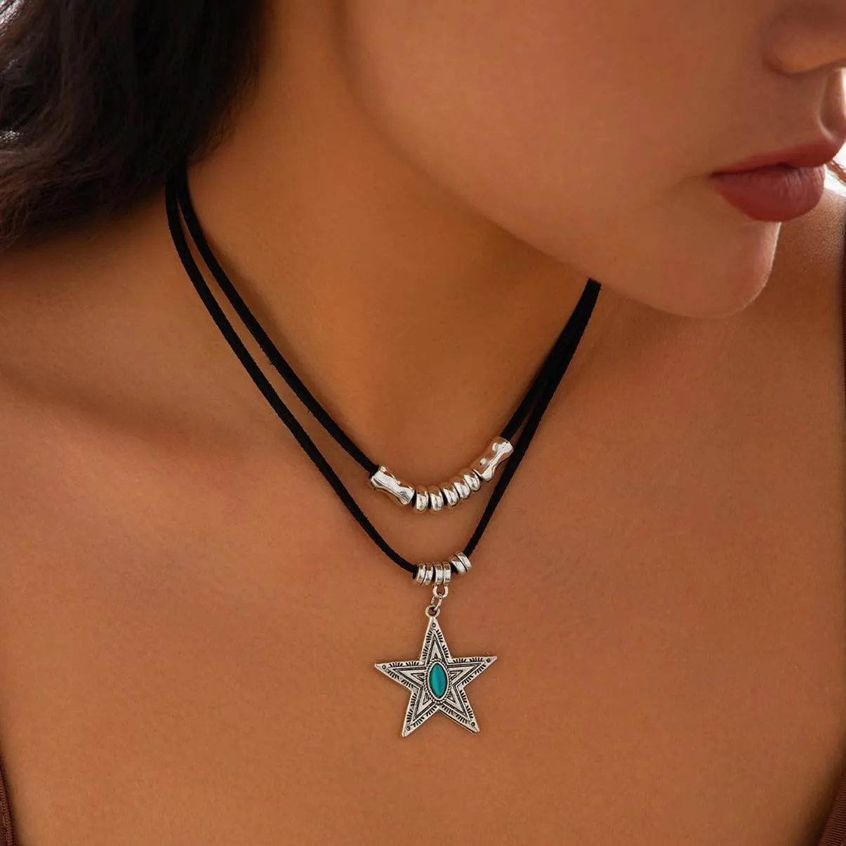 Western Necklaces for Women Layered Leather Choker Dainty Horshoe Boots Hat Star Cactus Charms with Turquoise Jewelry for Cowgirl Cowboy Country Concert Outfit