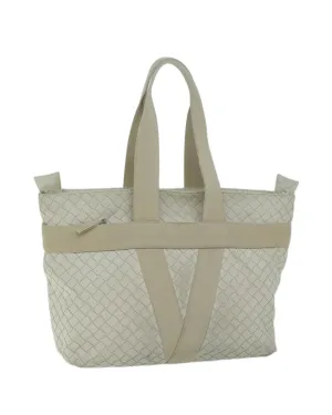 White Leather Scorpito Tote Bag with Intrecciato Weave Detailing