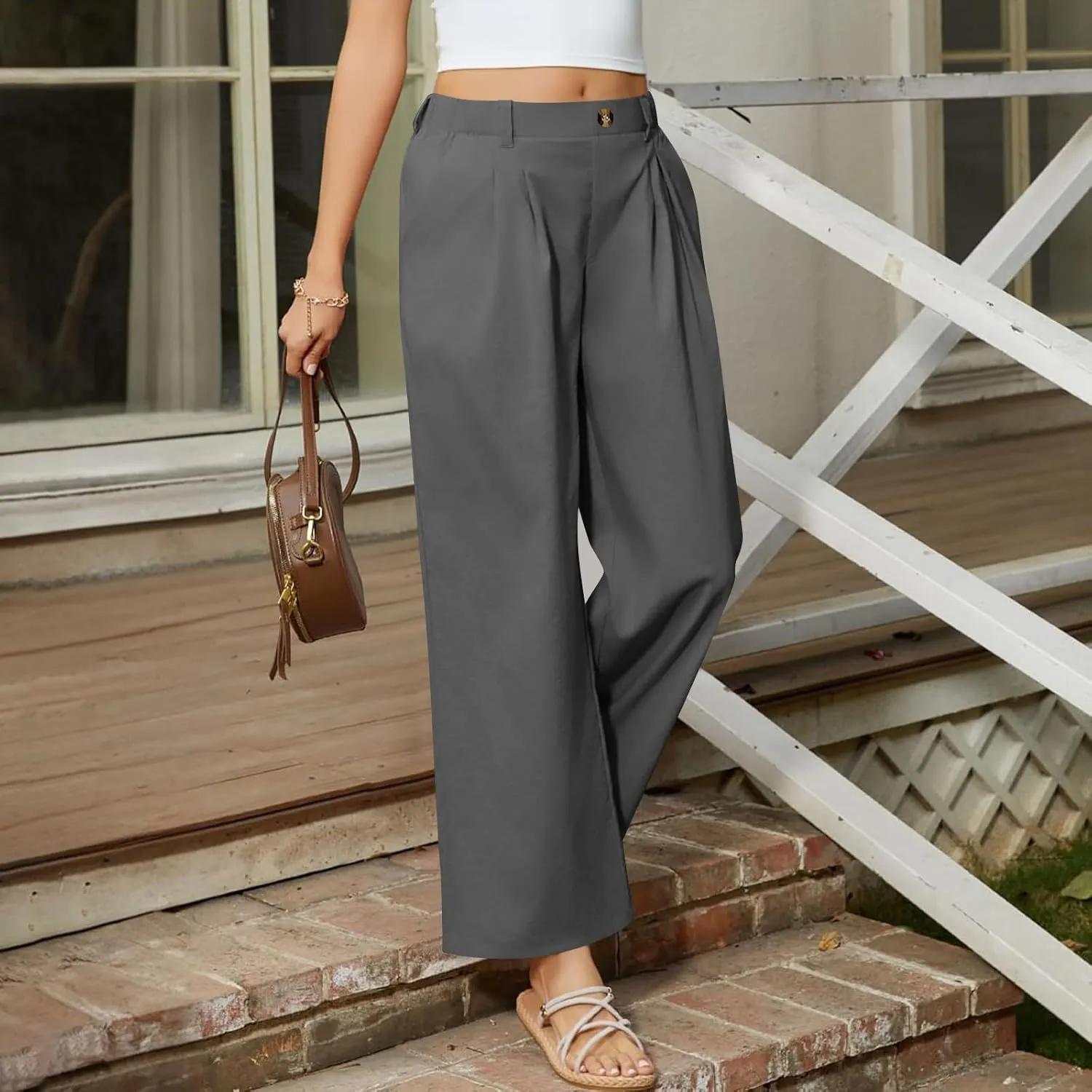 Wide Leg Dress Pants for Women Summer Casual High Waisted Dressy Pant with Pockets Trendy Office Work Slacks