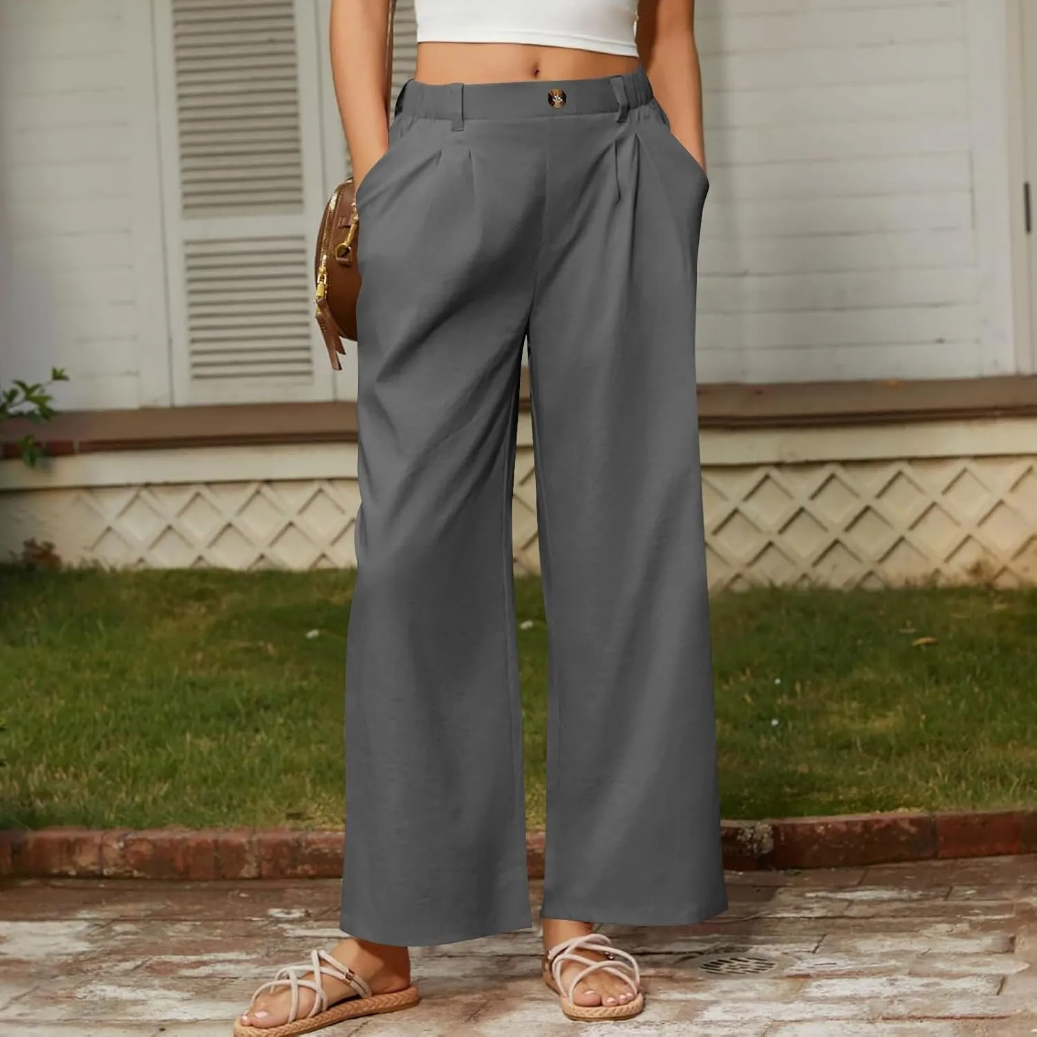 Wide Leg Dress Pants for Women Summer Casual High Waisted Dressy Pant with Pockets Trendy Office Work Slacks