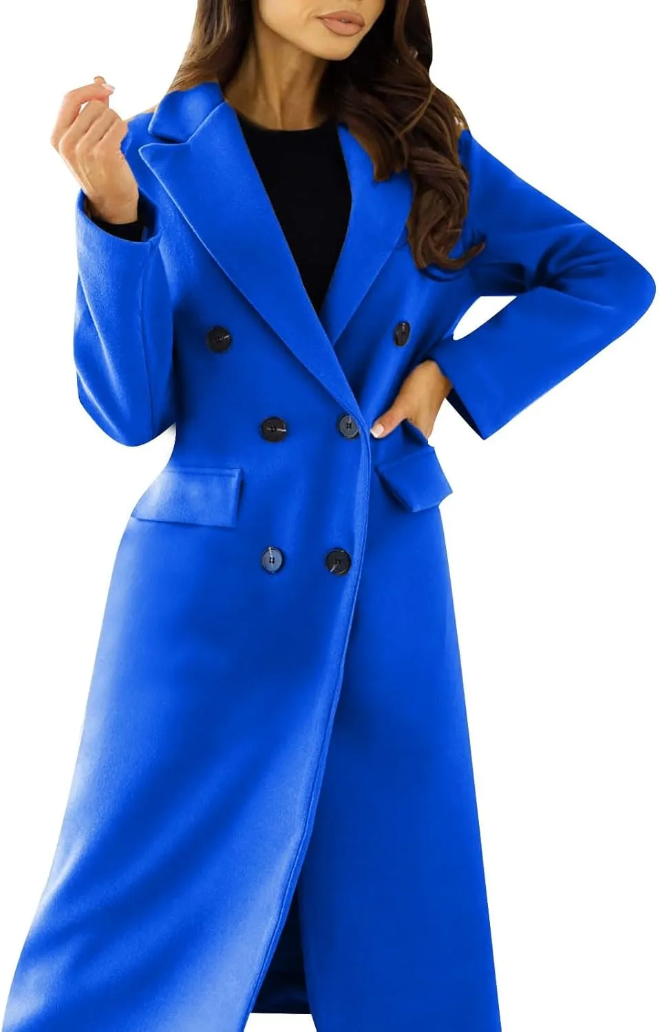 Winter Coats for Women Fleece Pea Coat Notch Lapel Double Breasted Thick A Line Trench Coat Jacket with Pockets