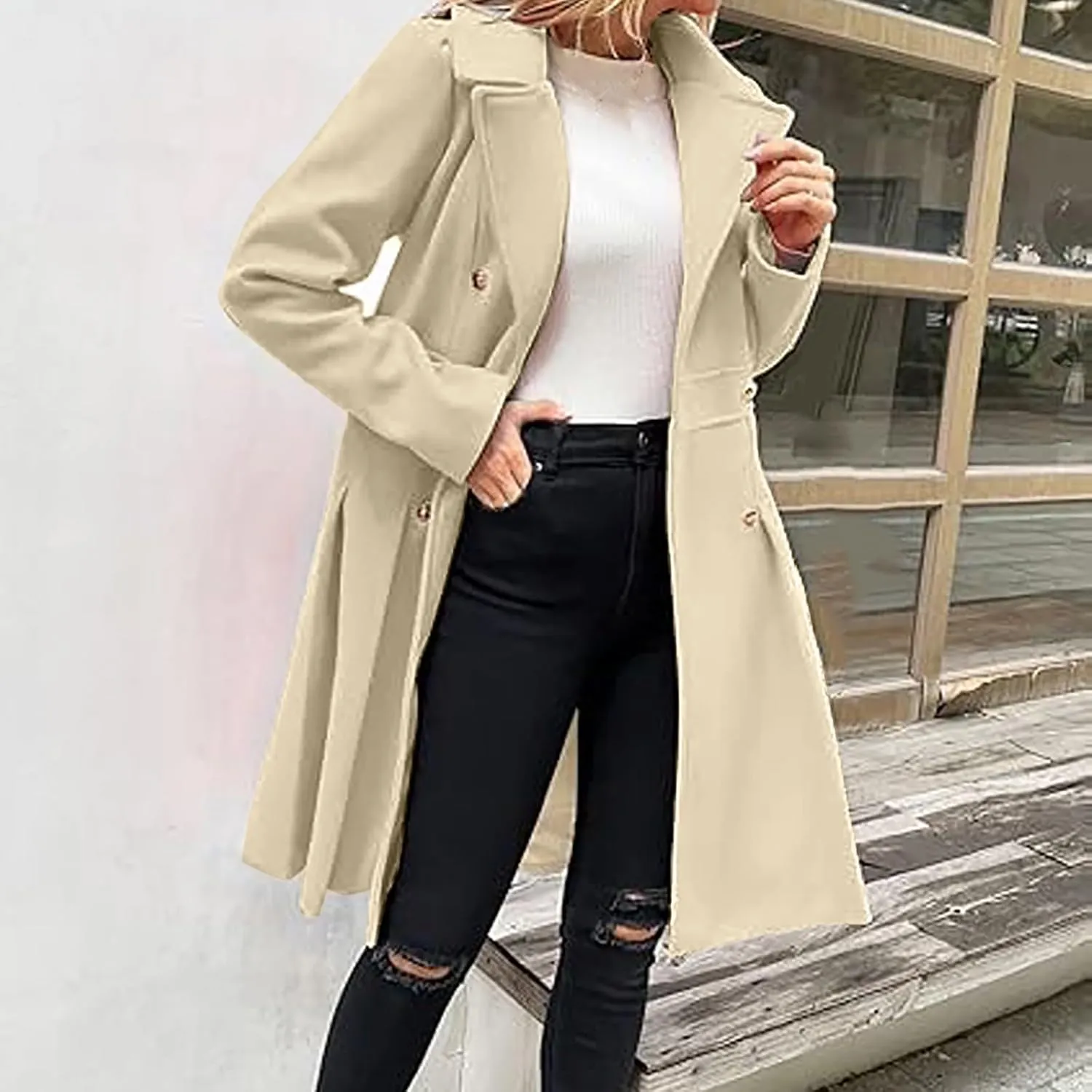 Winter Coats for Women Fleece Pea Coat Notch Lapel Double Breasted Thick A Line Trench Coat Jacket with Pockets